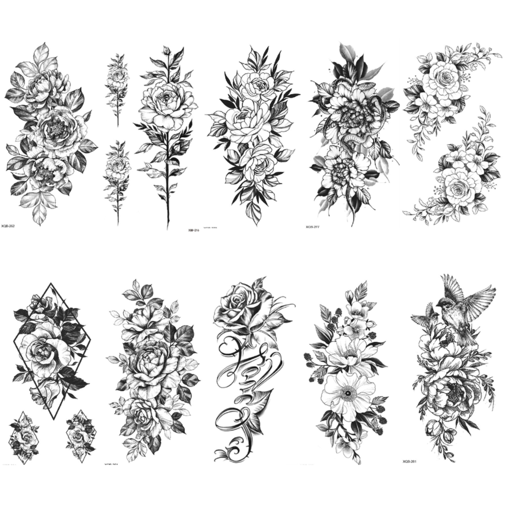 10 Sheets Black Flower Extra Large Temporary Tattoo
