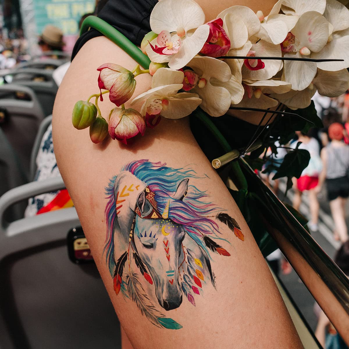12 Sheets Large Temporary Tattoos - 21x15cm Flower Arm Watercolor Hand Paint ink Leopard Tiger Owl Dragon Horse Lion Wolf Deer Cat Fox For Men and Women
