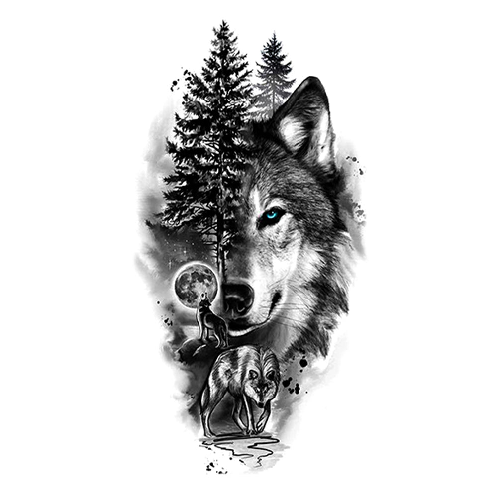 2 Sheets Black Wolf Flower Temporary Tattoo Sticker