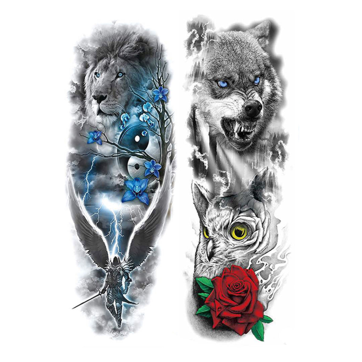 2 Sheets Lion Compass Tiger Full Arm Sleeves