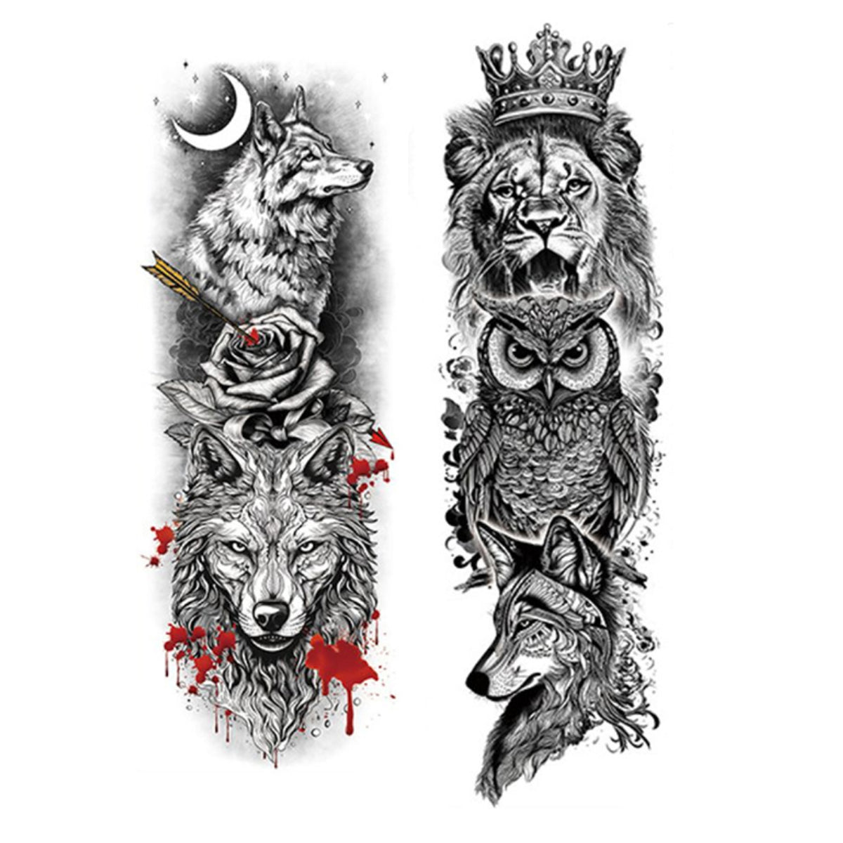 2 Sheets Wolf Tiger Owl Snake Skull Full Arm Sleeves