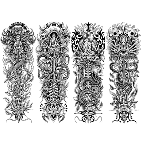 2 Sheets Large Full Arm Temporary Tattoo - Sword Snake Dragon Buddha Cross Star Scorpion Eye Guanyin