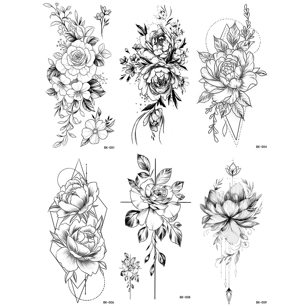 4 Sheets Black Penoy flower Sketch Temporary Tattoo Sticker