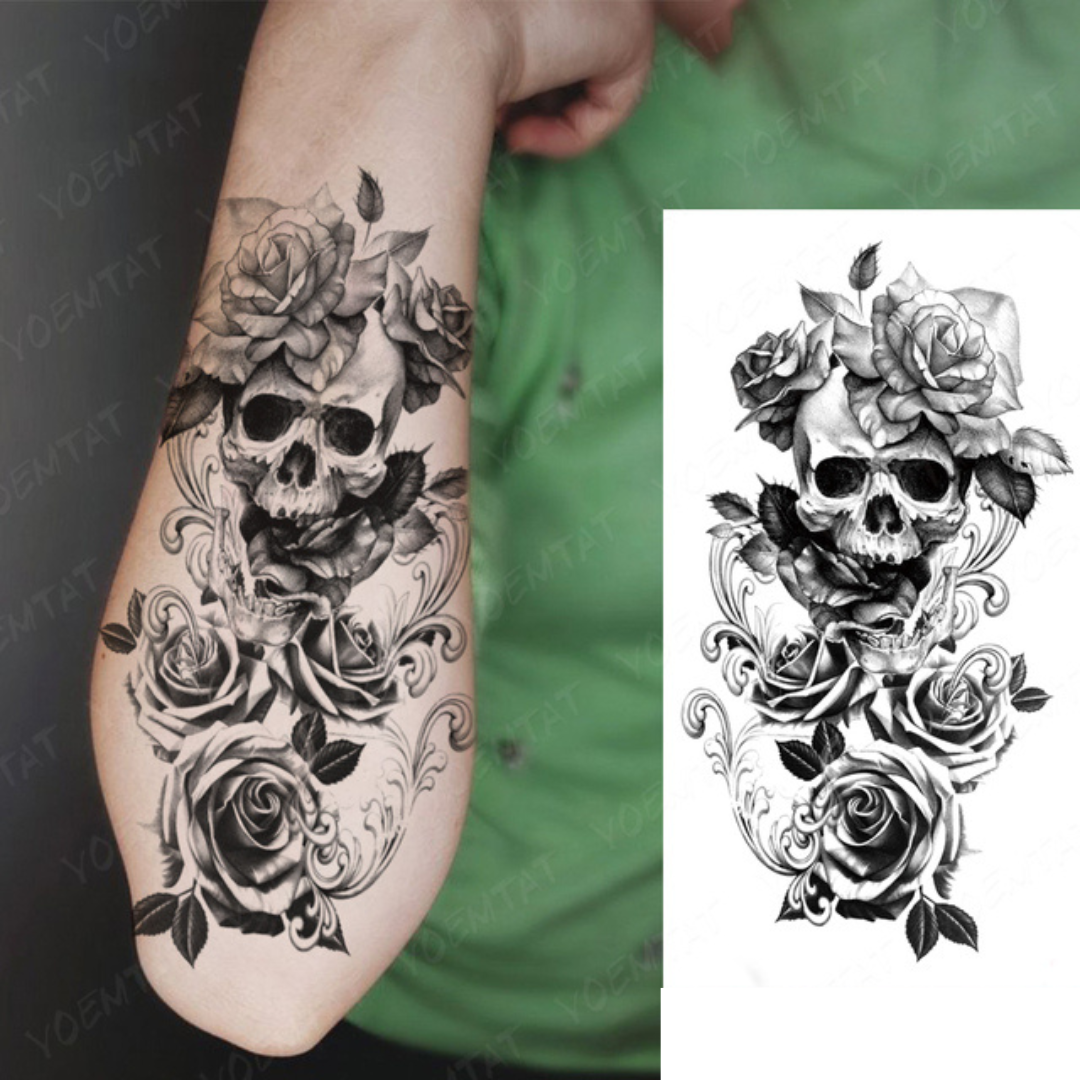 4 Sheets Waterproof Arm Leg Fake Temporary Tattoo - Skull Face Flower Eye Snake Bird Wing