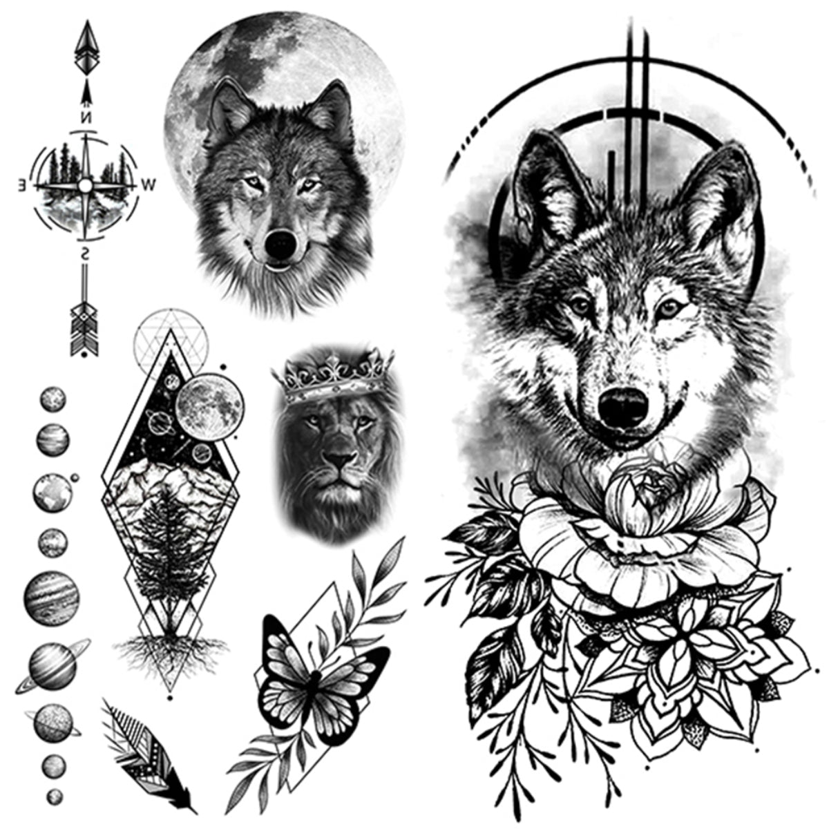 2 Sheets Black Wolf Flower Temporary Tattoo Sticker