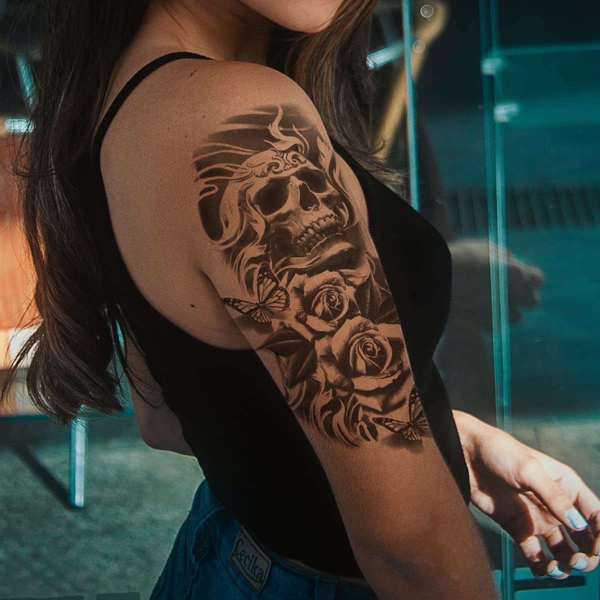 4 Sheets Waterproof Arm Leg Fake Temporary Tattoo - Skull Face Flower Eye Snake Bird Wing