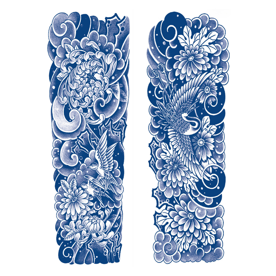 2 Sheets Crane Japanese Wave Style Full Arm Semi-Permanent Tattoo