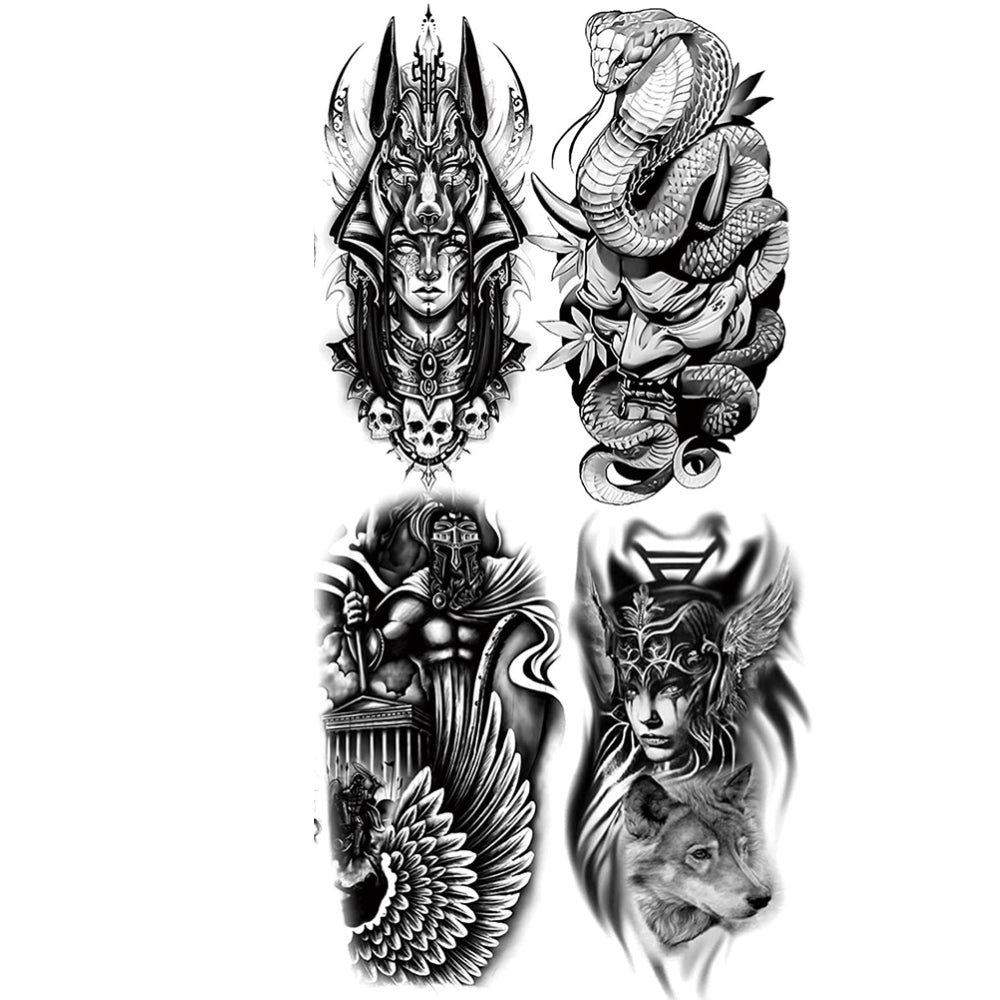 4 Sheets Waterproof Arm Leg Fake Temporary Tattoo - Indian Skull Snake Egypt Anubis Flower Compass Prajna Greek Myth Soldier