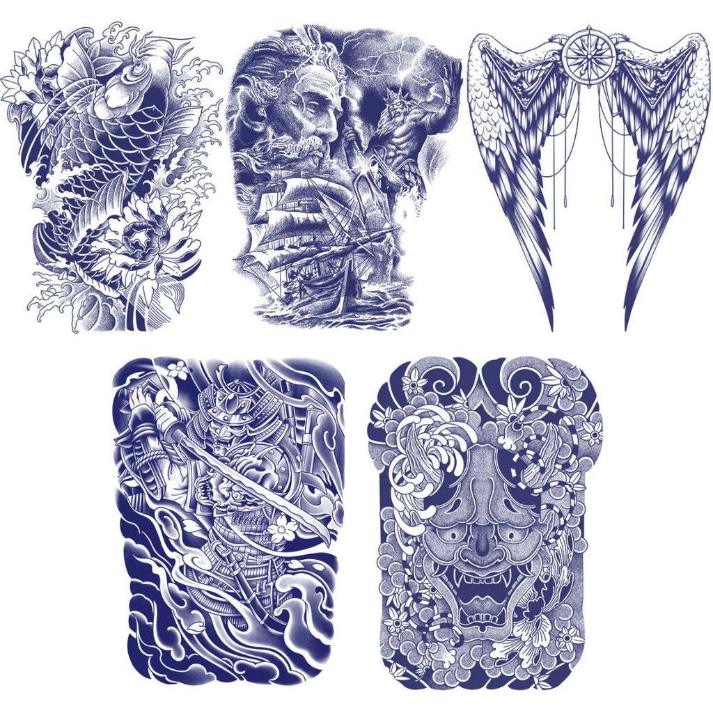1 Sheet Fish God Viking Wing Samurai Full Back Semi-Permanent Tattoos