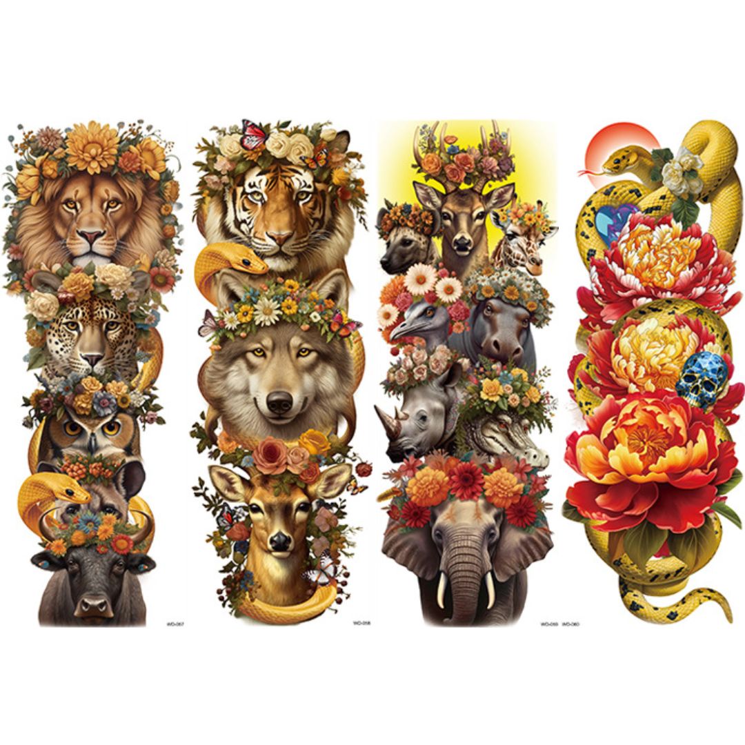 4 Sheets Animal Lion Tiger Wolf Deer Snake Full Arm Sleeves
