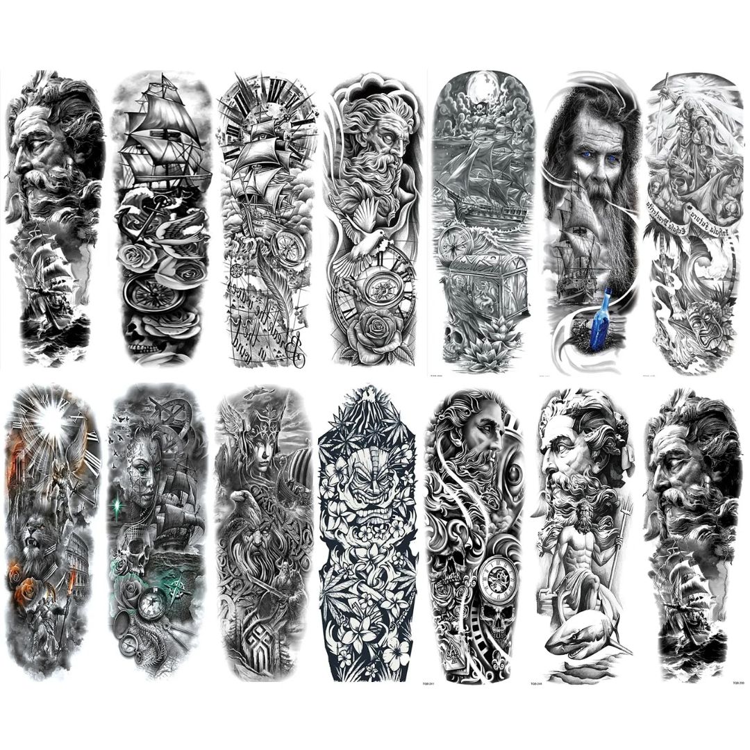 14 Sheets Full Arm Viking God Ship Treasure Temporary Tattoo Combo