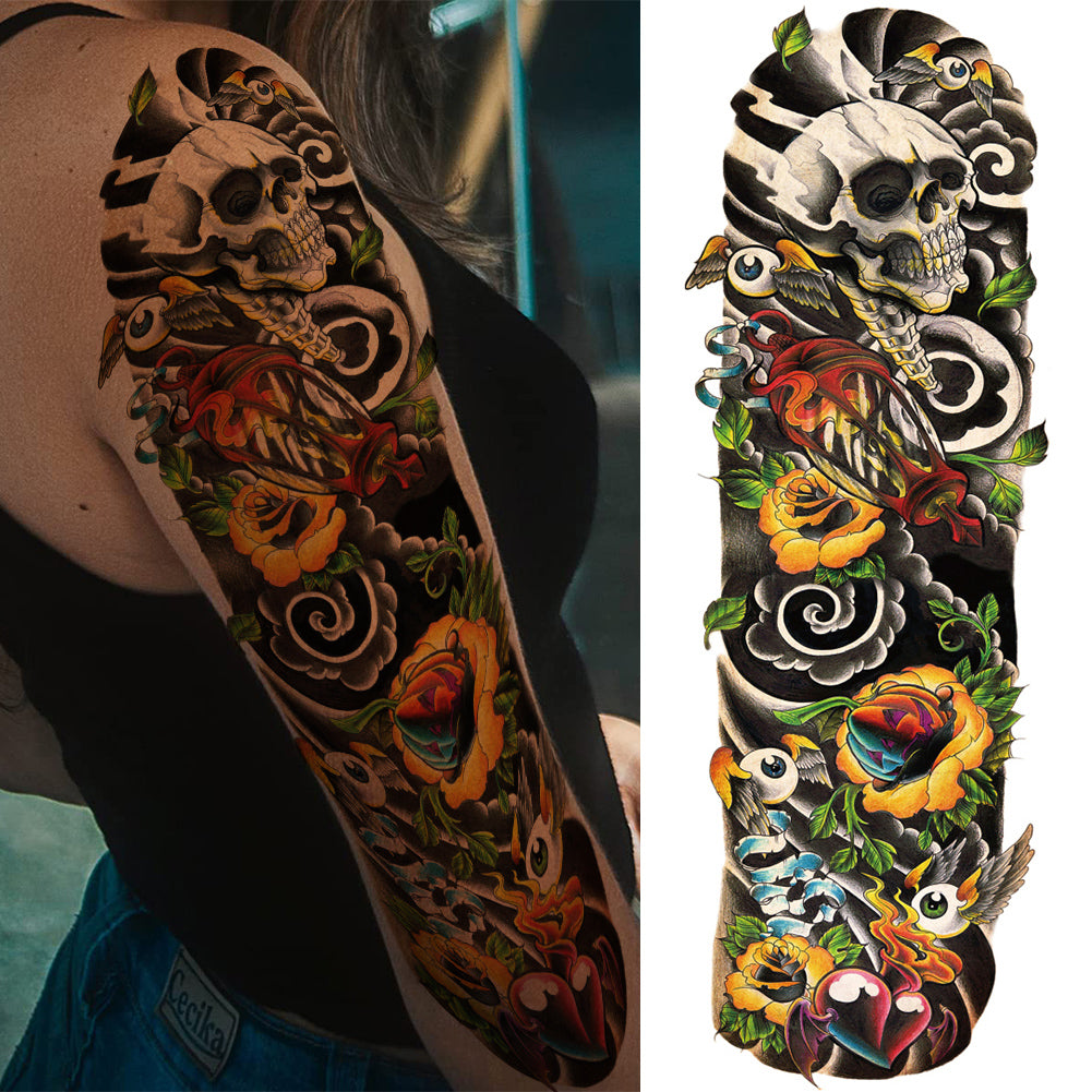 4 Sheets Skull Rose Flower Gun Full Arm Sleeves