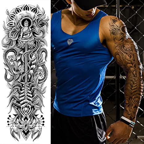 2 Sheets Large Full Arm Temporary Tattoo - Sword Snake Dragon Buddha Cross Star Scorpion Eye Guanyin