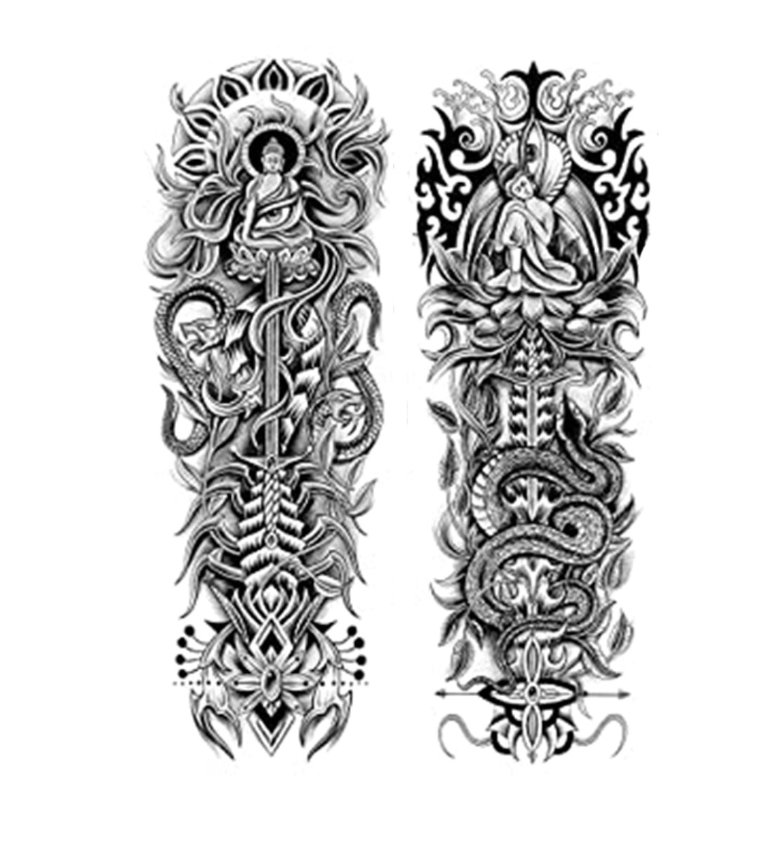 2 Sheets Large Full Arm Temporary Tattoo - Sword Snake Dragon Buddha Cross Star Scorpion Eye Guanyin