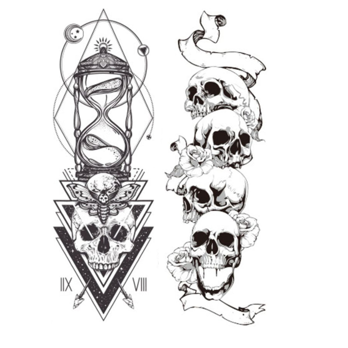 2 Sheets Skull Dreamcatcher Hourglass Full Arm Sleeves