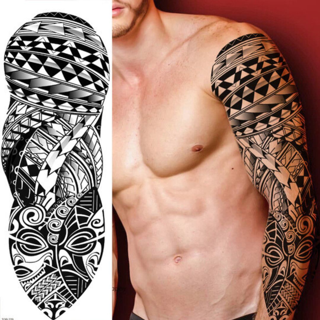 2 Sheets Full Arm Maori Totem Sleeve Black Cool 170mm * 480mm Waterproof Temporary Tattoo