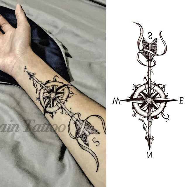 2 Sheets Black Arrow Compass Feather Dragon Anchor Sword Snake Tree Flower Temporary Tattoos for Arm