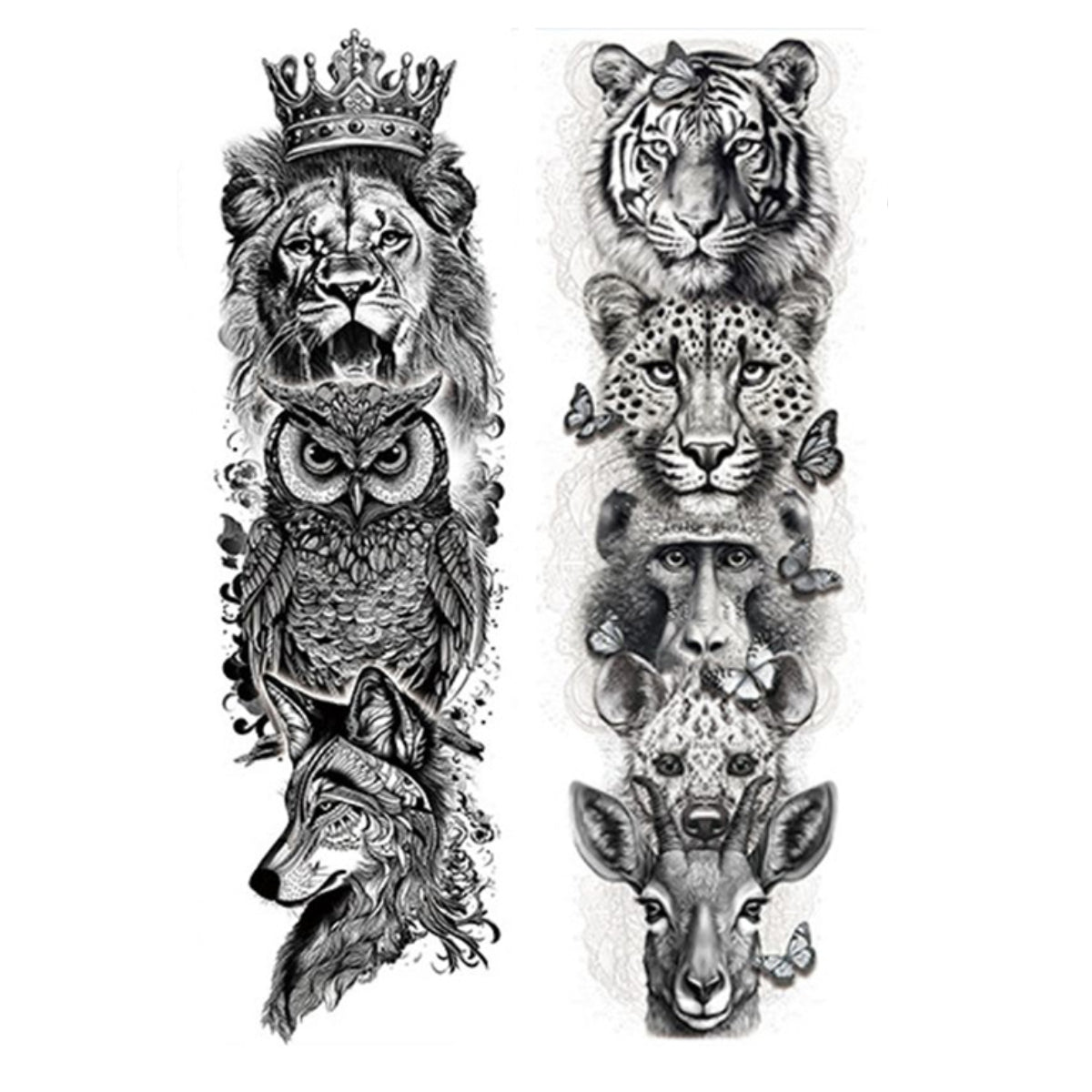 2 Sheets Wolf Tiger Owl Snake Skull Full Arm Sleeves