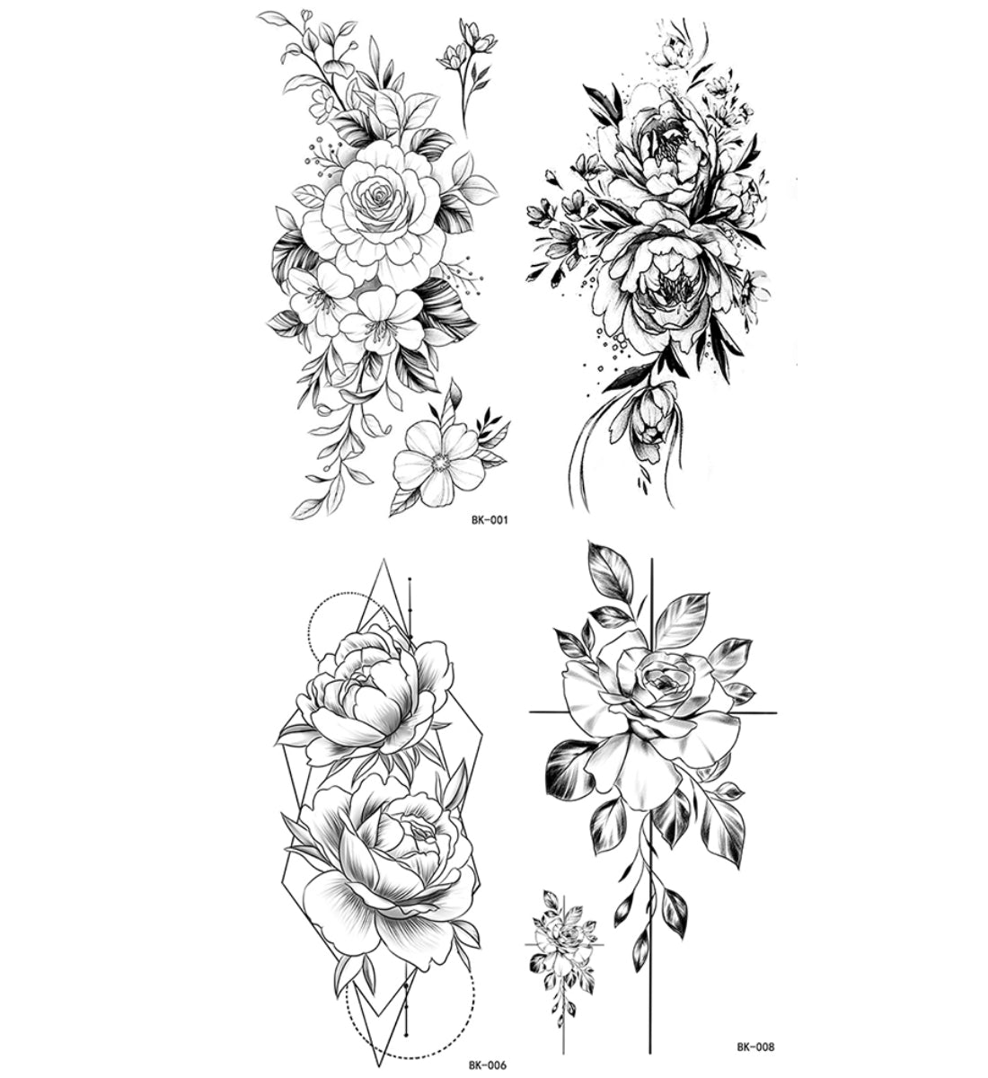 4 Sheets Black Penoy flower Sketch Temporary Tattoo Sticker