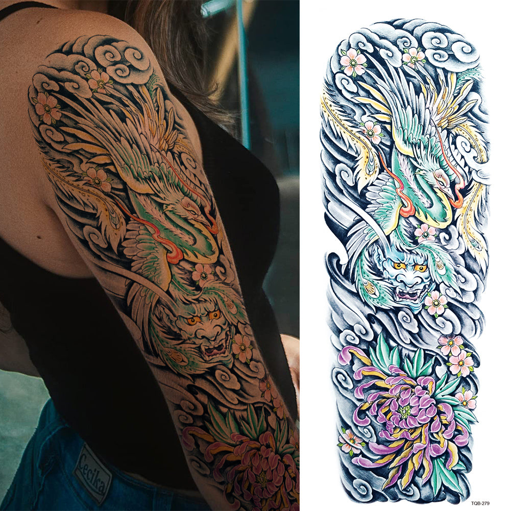 2 Sheets Flower Dragon Wave Japanese Style Full Arm Sleeves