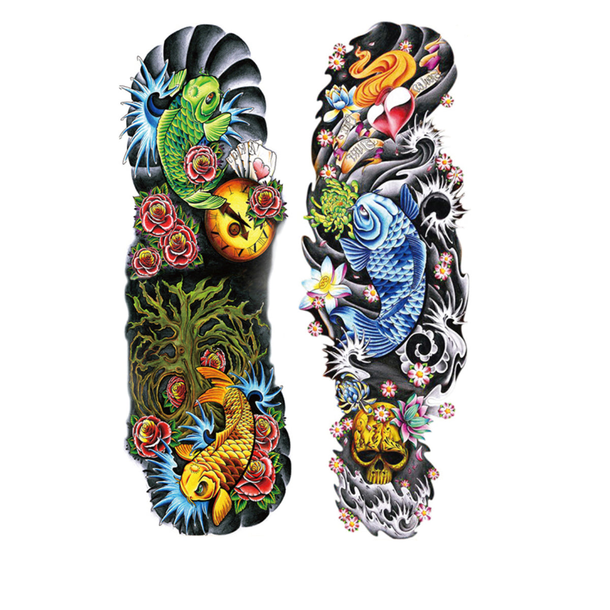 2 Sheets Extra Large Full Arm Temporary Tattoos - Colorful Skull Ghost Pumkin Carp Koi Flower Tree Gun For Men