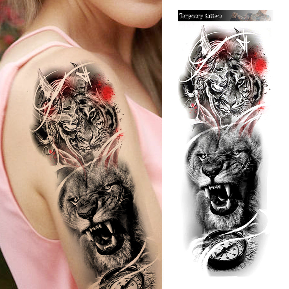 2 Sheets Lion Compass Tiger Full Arm Sleeves