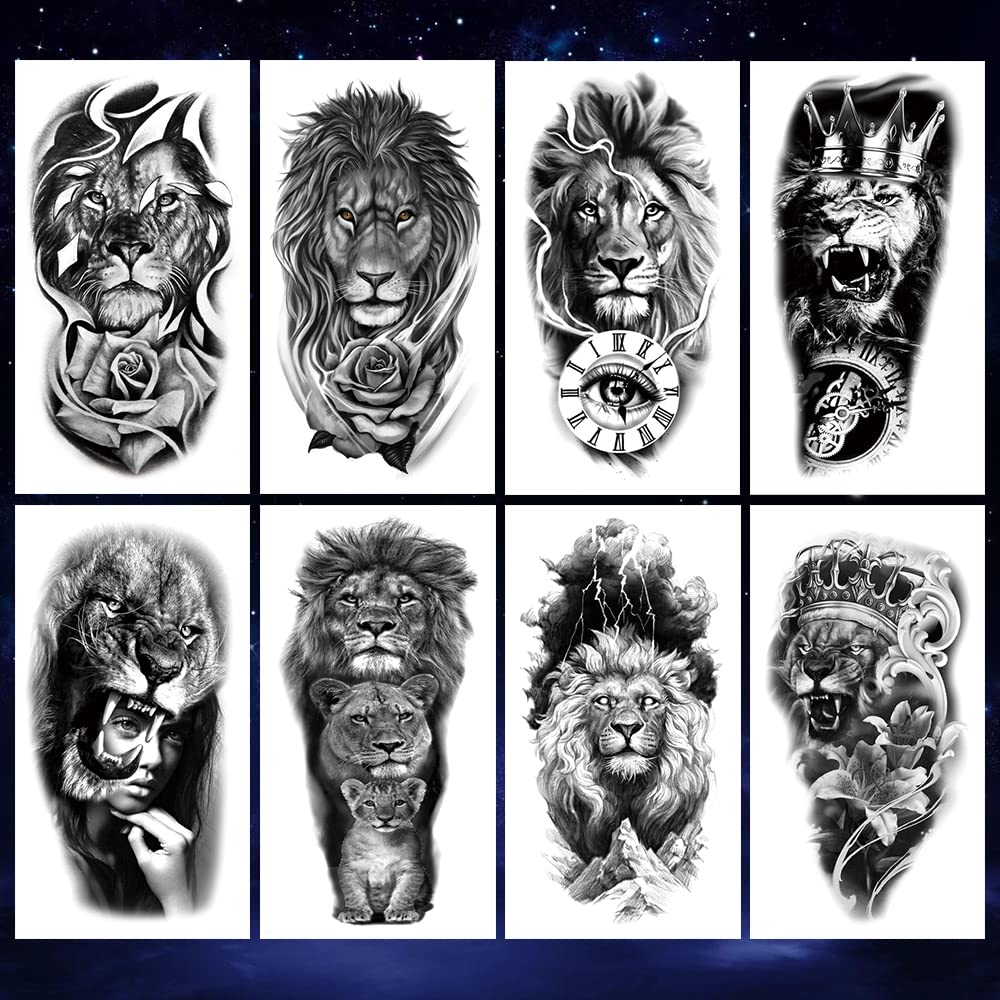 2 Sheets Waterproof Arm Leg Fake Temporary Tattoo - Lion Family Roar Crown Eye Flower Lady