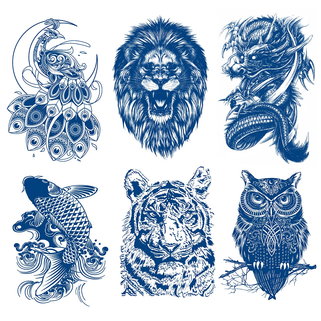 2 Sheets Semi Permanent Fake Waterproof Temporary Tattoos Stickers Long Lasts 1-2 Weeks, Animal Set Peacock Lion Koi Carp Tiger Owl Dragon Deep Blue