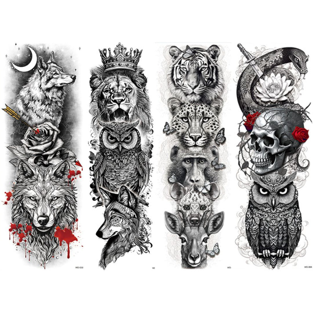 2 Sheets Wolf Tiger Owl Snake Skull Full Arm Sleeves