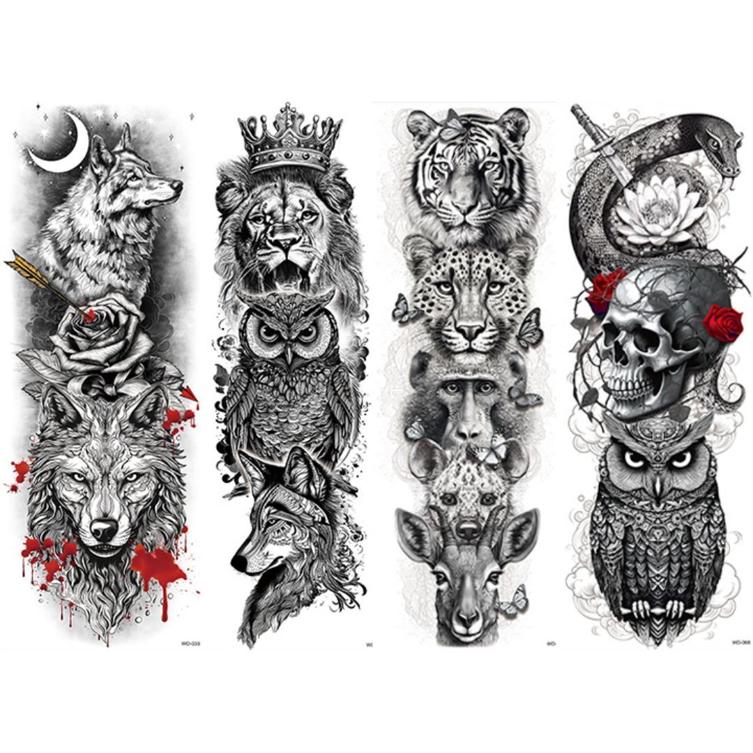 2 Sheets Wolf Tiger Owl Snake Skull Full Arm Sleeves