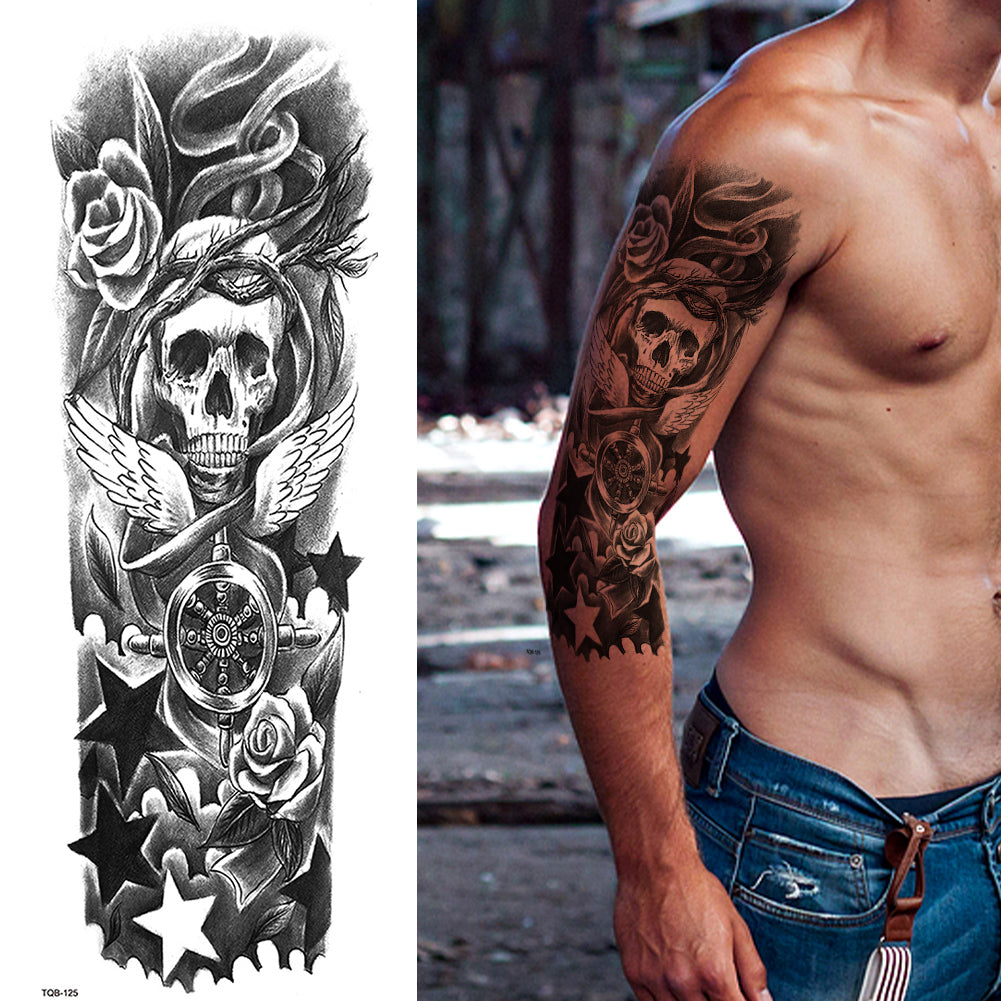 2 Sheets Skull Star Rose Gun Full Arm Sleeves