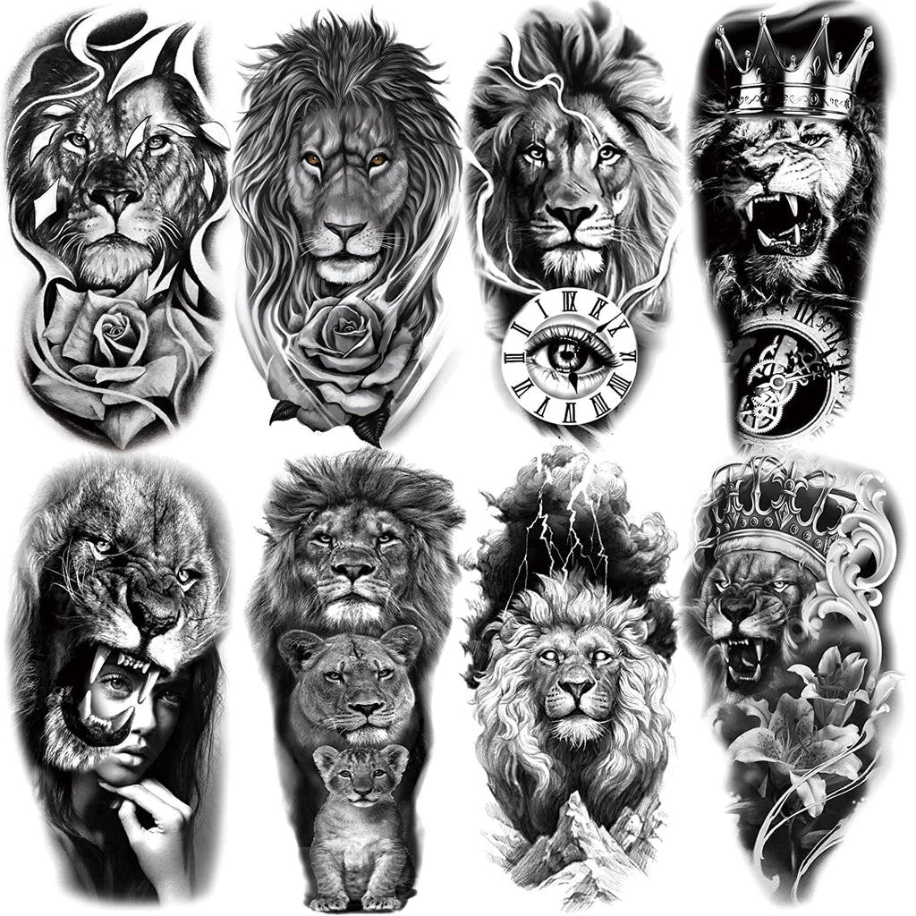 2 Sheets Waterproof Arm Leg Fake Temporary Tattoo - Lion Family Roar Crown Eye Flower Lady