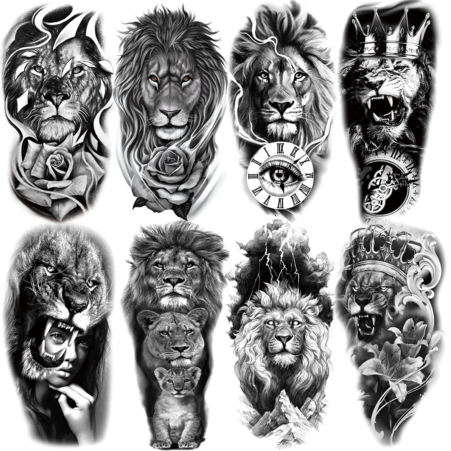 2 Sheets Waterproof Arm Leg Fake Temporary Tattoo - Lion Family Roar Crown Eye Flower Lady