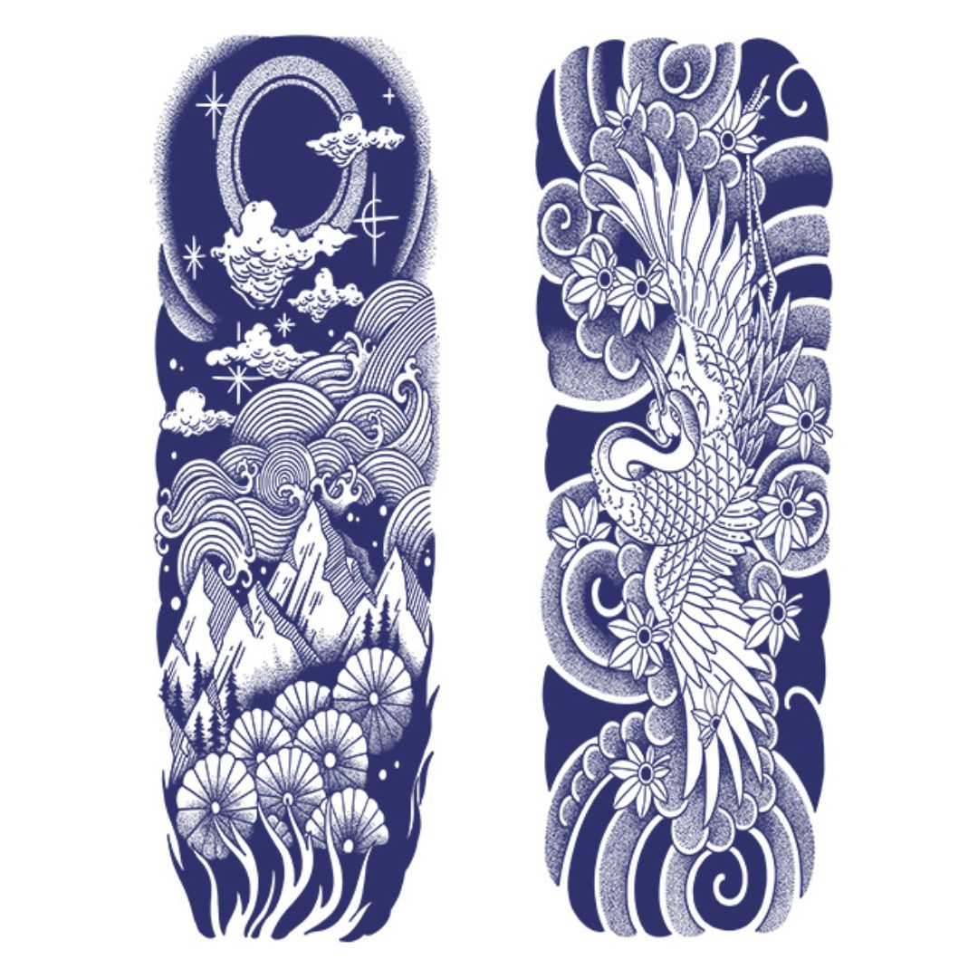 2 Sheets Crane Mountain Japanese Style Full Arm Semi-Permanent Tattoo