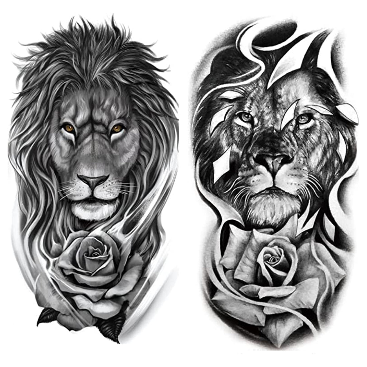 2 Sheets Waterproof Arm Leg Fake Temporary Tattoo - Lion Family Roar Crown Eye Flower Lady