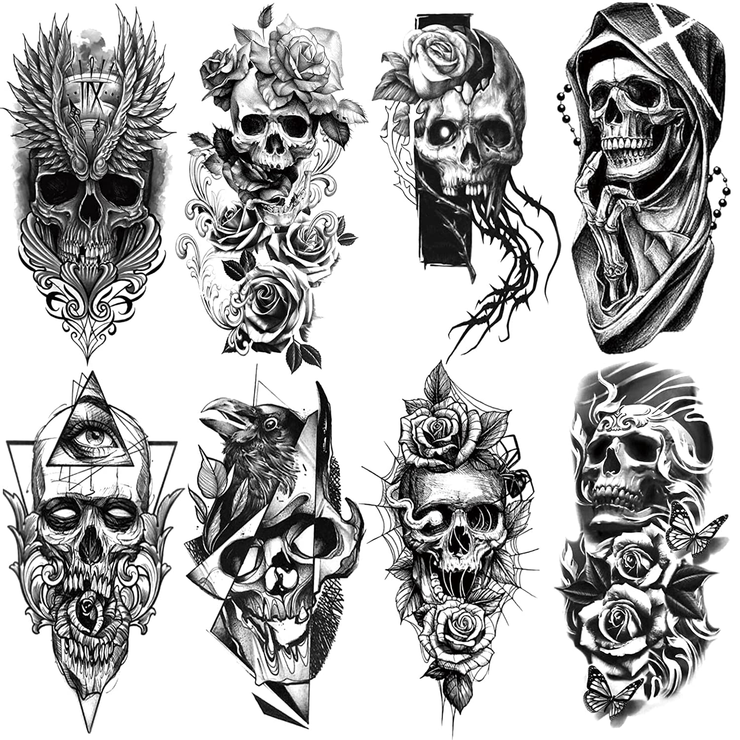 4 Sheets Waterproof Arm Leg Fake Temporary Tattoo - Skull Face Flower Eye Snake Bird Wing