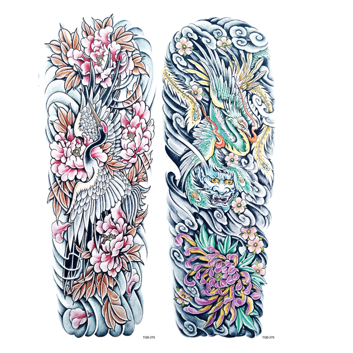 2 Sheets Flower Dragon Wave Japanese Style Full Arm Sleeves