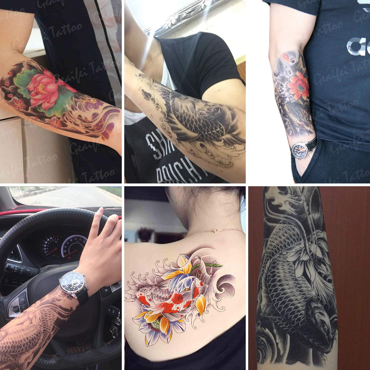 6 Sheets 21x15cm Old School Koi Carp Lucky Fish Arm Leg Fake Temporary Tattoos Stickers