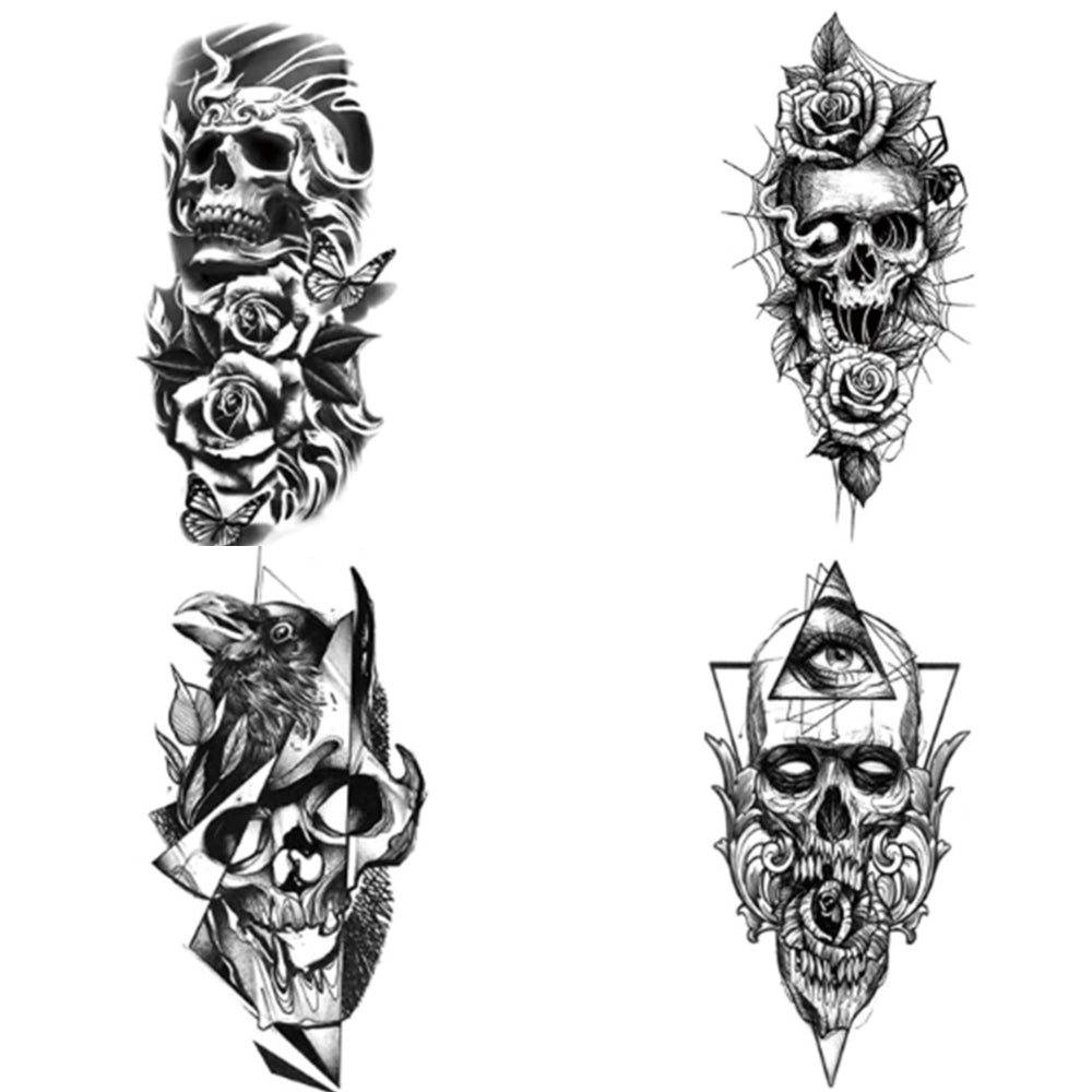 4 Sheets Waterproof Arm Leg Fake Temporary Tattoo - Skull Face Flower Eye Snake Bird Wing