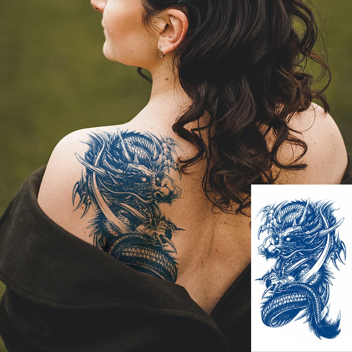 2 Sheets Semi Permanent Fake Waterproof Temporary Tattoos Stickers Long Lasts 1-2 Weeks, Animal Set Peacock Lion Koi Carp Tiger Owl Dragon Deep Blue