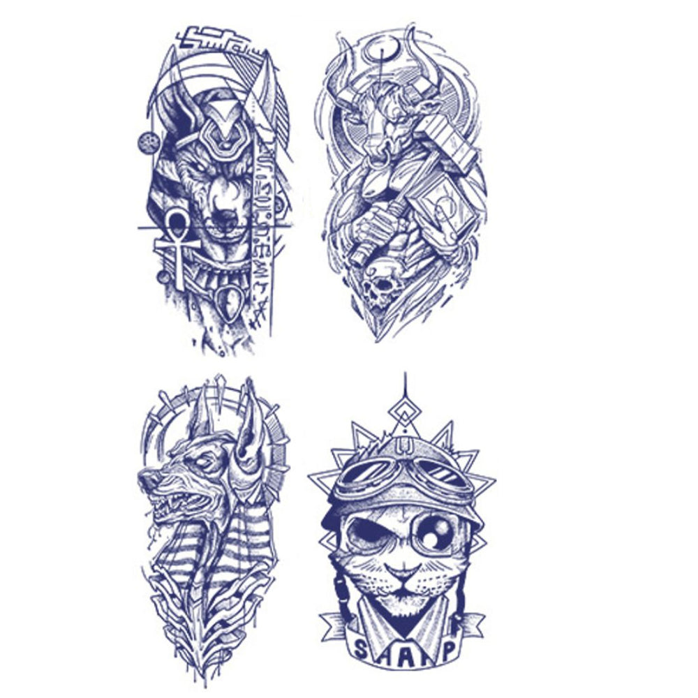 4 Sheets Wolf Ox Tiger Goat Dog Cat Lion Semi-Permanent Tattoo Stickers