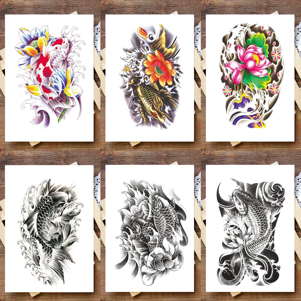 6 Sheets 21x15cm Old School Koi Carp Lucky Fish Arm Leg Fake Temporary Tattoos Stickers