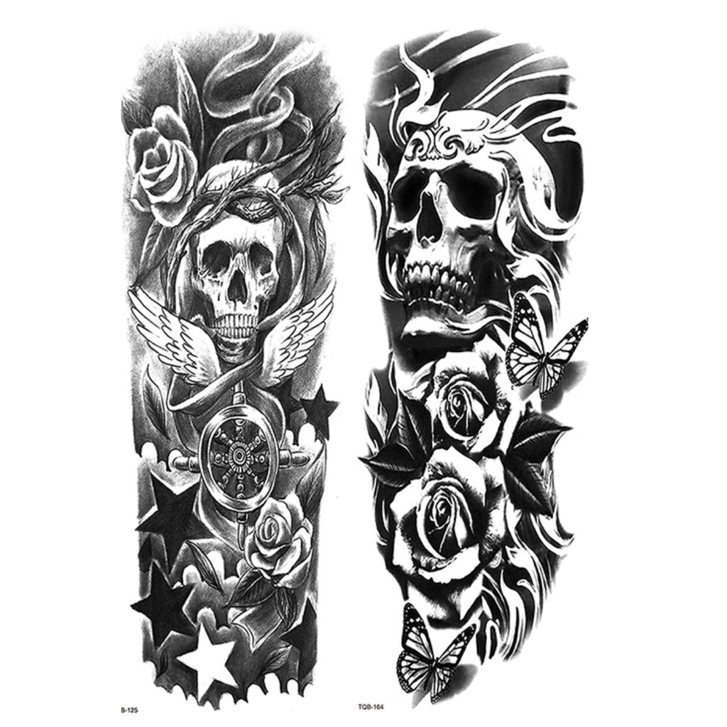 2 Sheets Skull Star Rose Gun Full Arm Sleeves