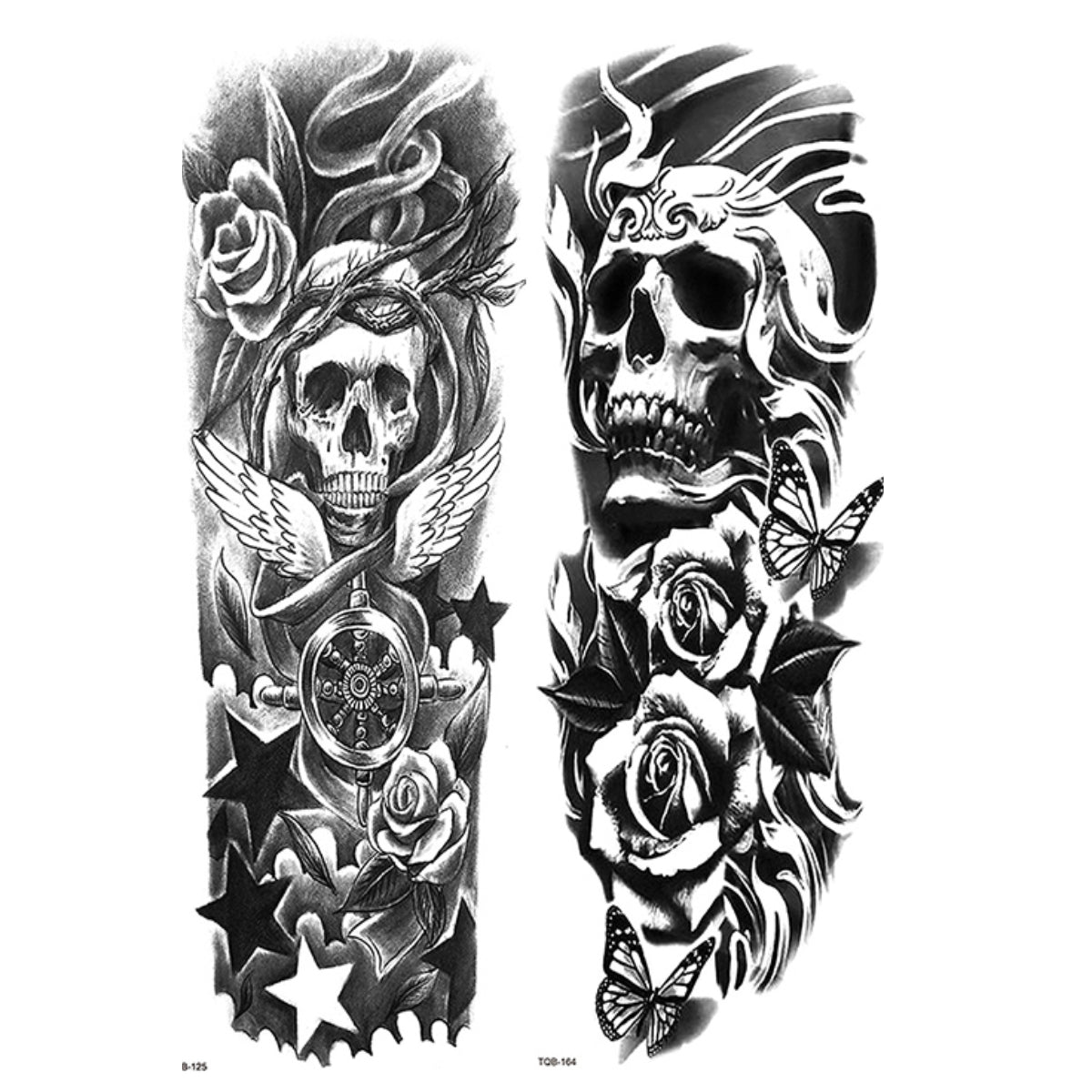 2 Sheets Skull Star Rose Gun Full Arm Sleeves