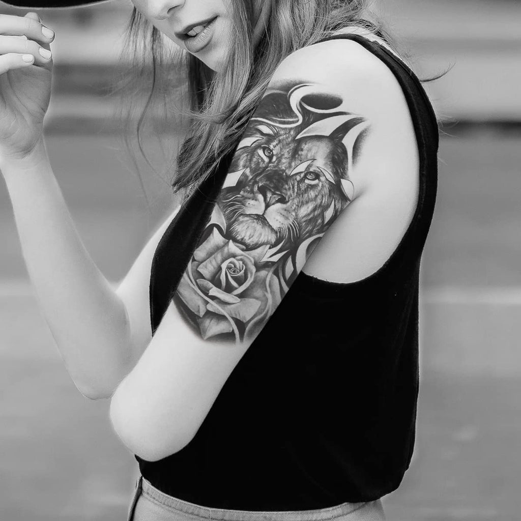 2 Sheets Waterproof Arm Leg Fake Temporary Tattoo - Lion Family Roar Crown Eye Flower Lady