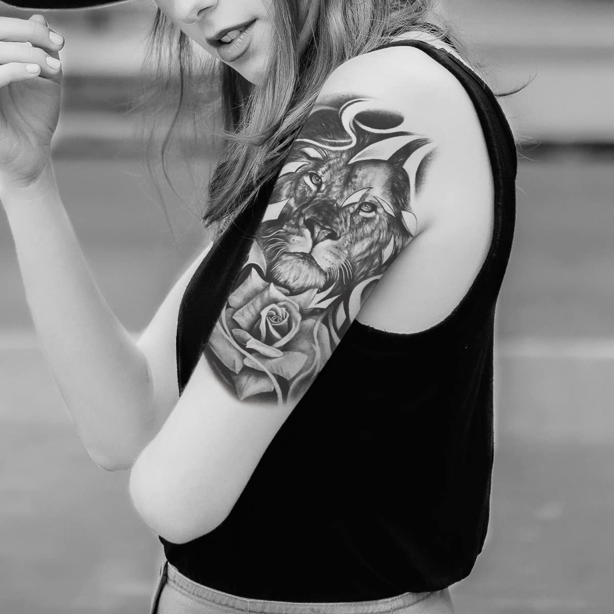 2 Sheets Waterproof Arm Leg Fake Temporary Tattoo - Lion Family Roar Crown Eye Flower Lady