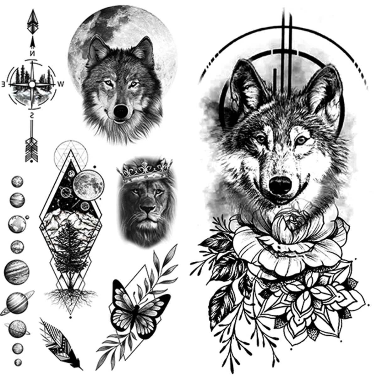 2 Sheets Black Wolf Flower Temporary Tattoo Sticker