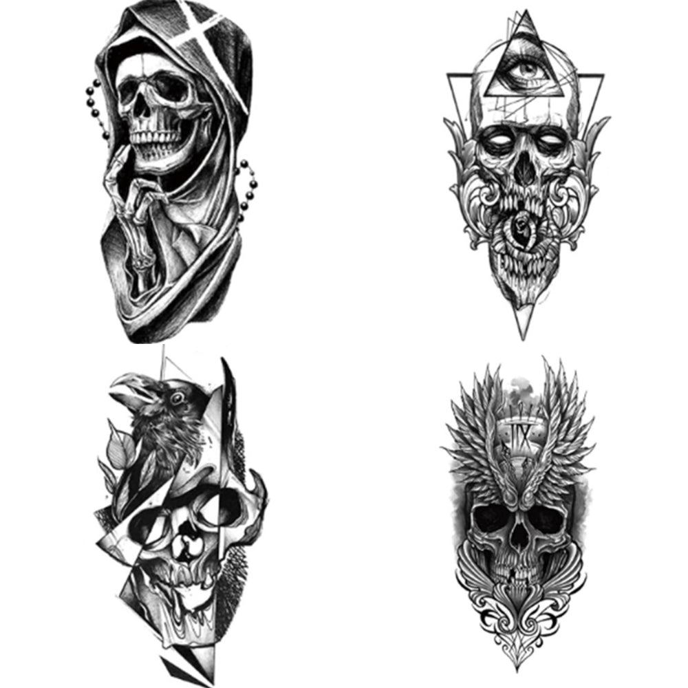 4 Sheets Waterproof Arm Leg Fake Temporary Tattoo - Skull Face Flower Eye Snake Bird Wing