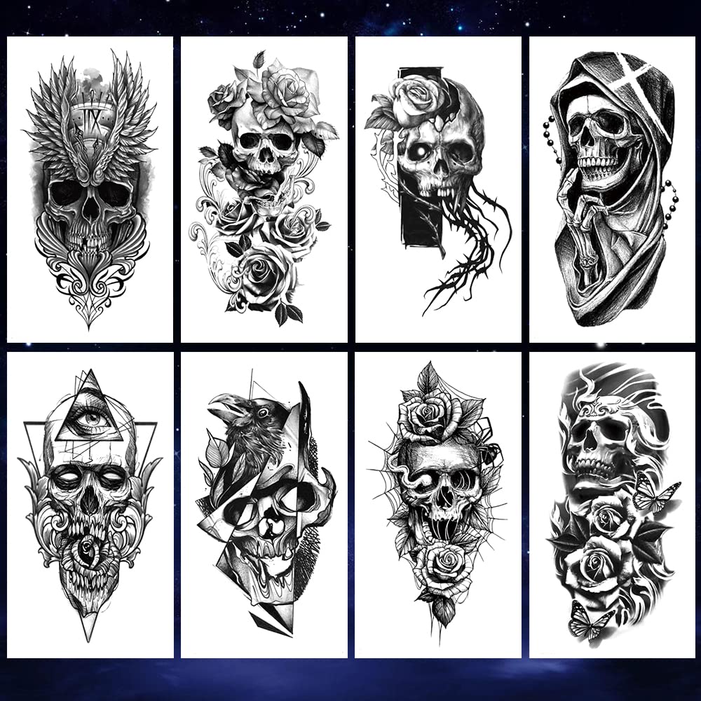 4 Sheets Waterproof Arm Leg Fake Temporary Tattoo - Skull Face Flower Eye Snake Bird Wing