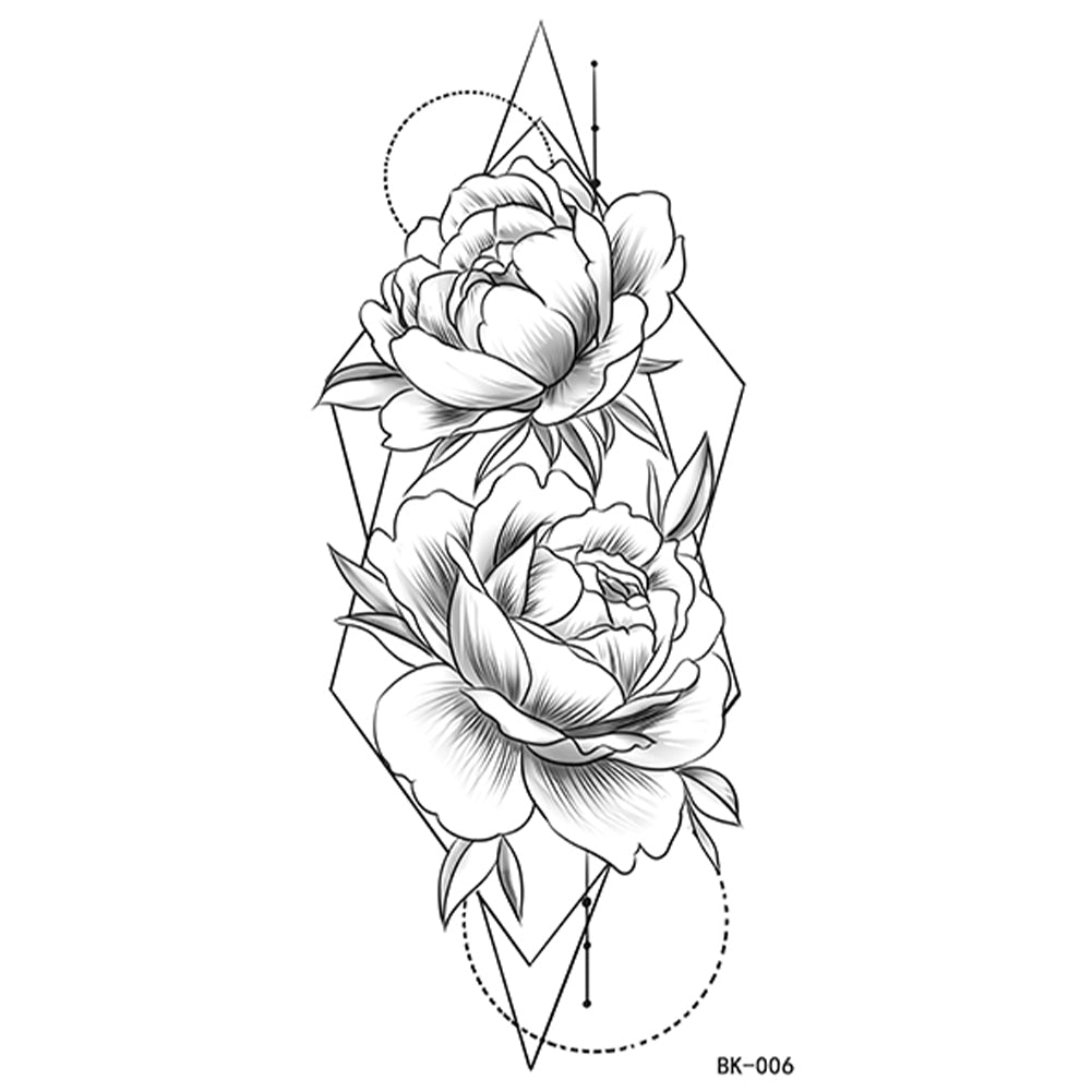 4 Sheets Black Penoy flower Sketch Temporary Tattoo Sticker